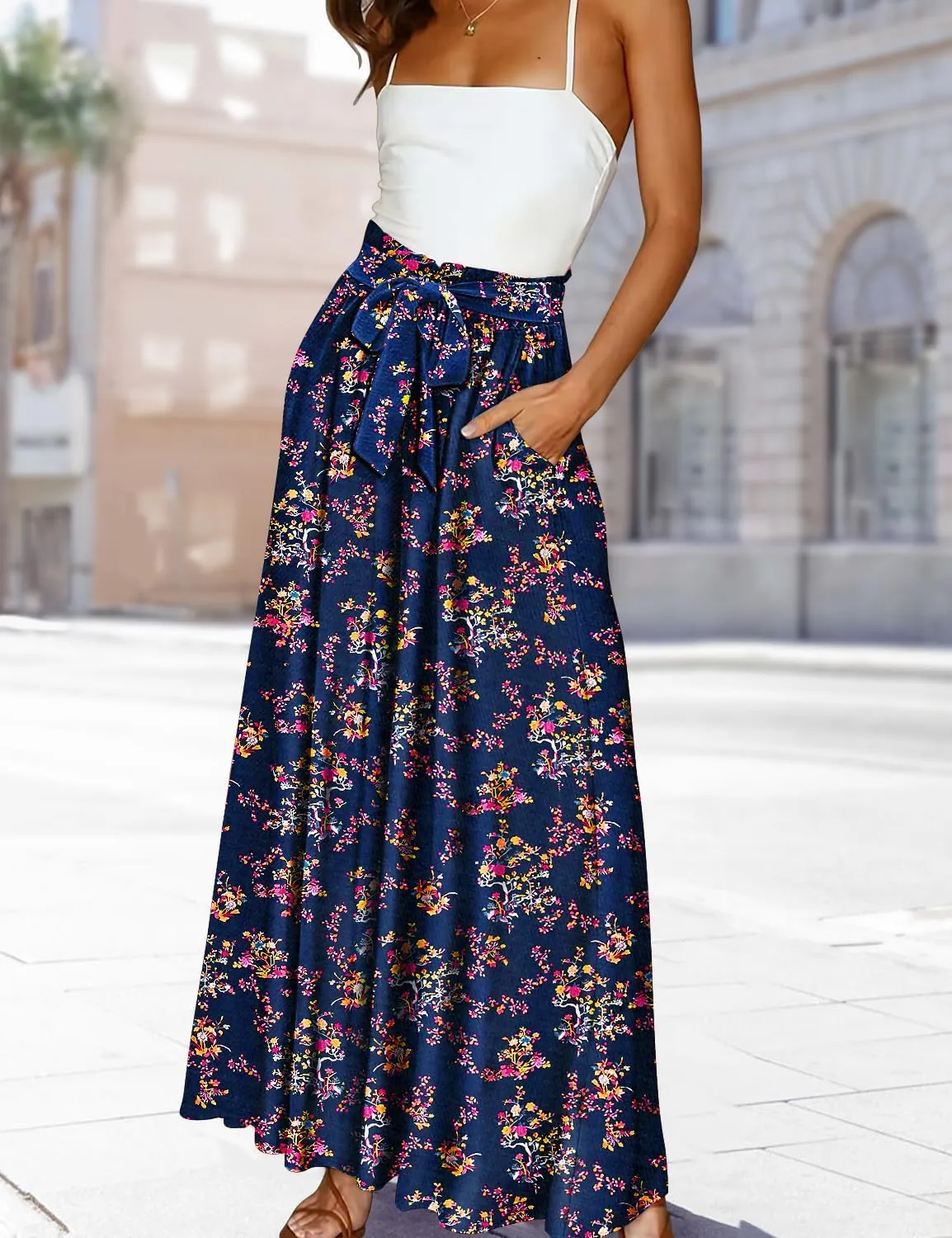 YESNO Women Wide Leg Pants High Waisted Floral Boho Palazzo Culottes Casual Flowy Tie Knot Trousers with Pockets PPS