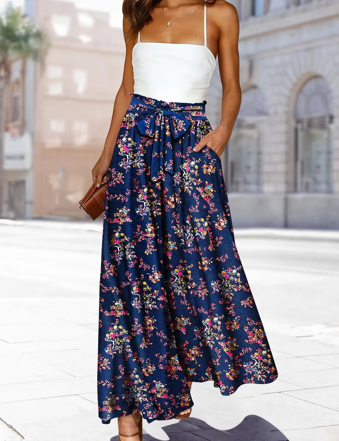 YESNO Women Wide Leg Pants High Waisted Floral Boho Palazzo Culottes Casual Flowy Tie Knot Trousers with Pockets PPS