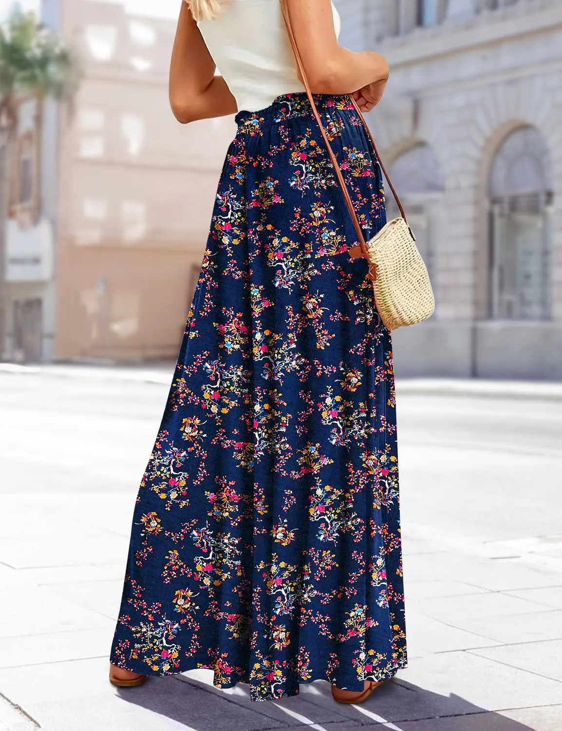 YESNO Women Wide Leg Pants High Waisted Floral Boho Palazzo Culottes Casual Flowy Tie Knot Trousers with Pockets PPS