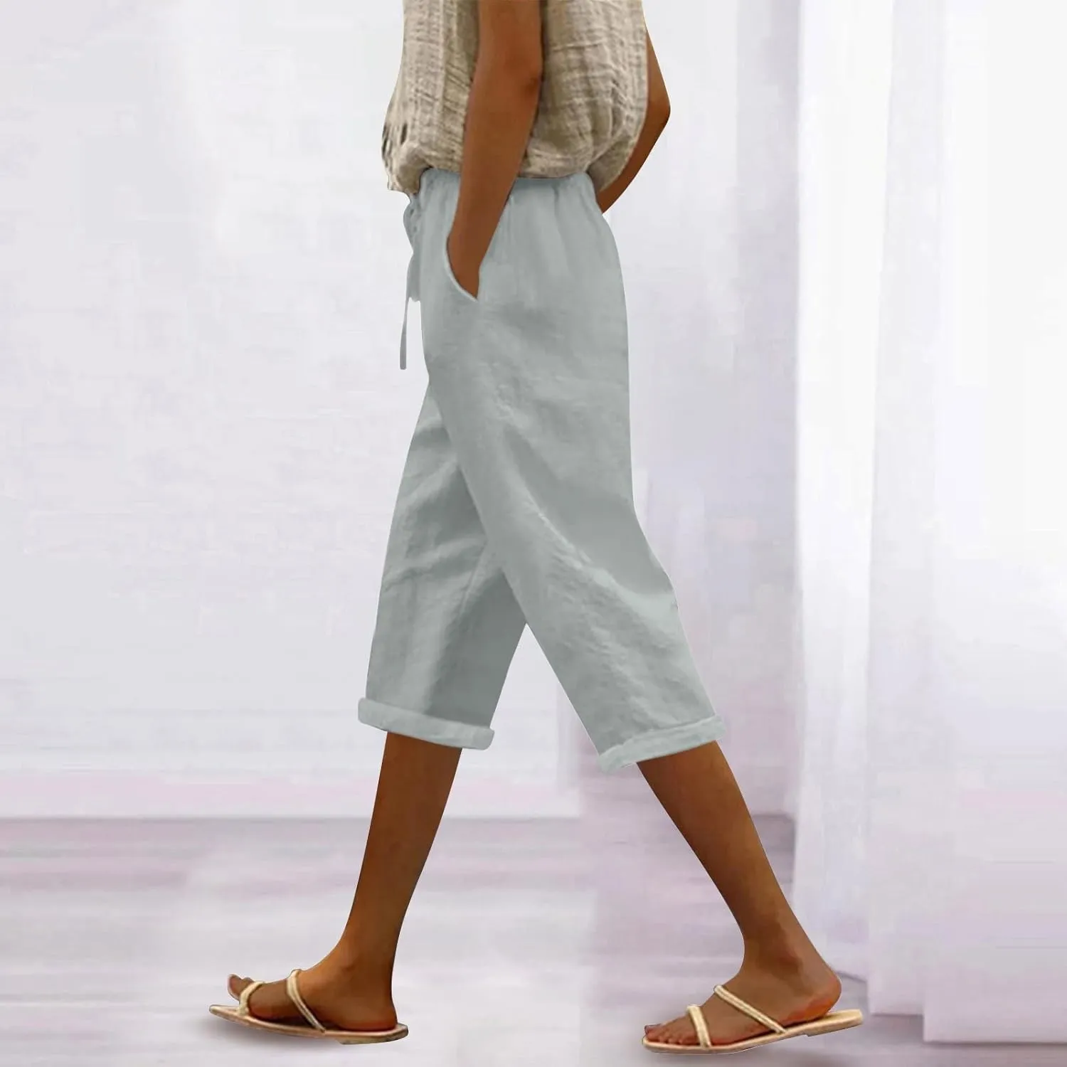Yoga Pants with Pockets for Women Linen Elastic Seven Pants Beach Loose Comfy Trendy Elastic Waist Cropped Trouser