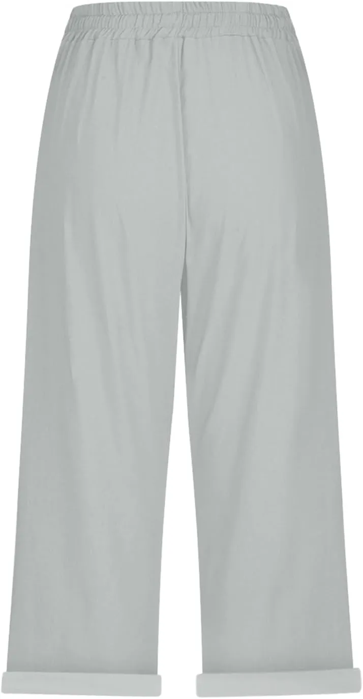 Yoga Pants with Pockets for Women Linen Elastic Seven Pants Beach Loose Comfy Trendy Elastic Waist Cropped Trouser