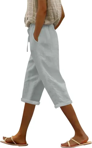 Yoga Pants with Pockets for Women Linen Elastic Seven Pants Beach Loose Comfy Trendy Elastic Waist Cropped Trouser