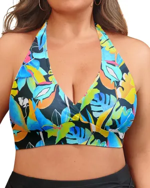 Yonique Women's Plus Size Bikini Tops Only Halter Swimsuit Top Large Bust Swim Top V Neck Bathing Suit Tops
