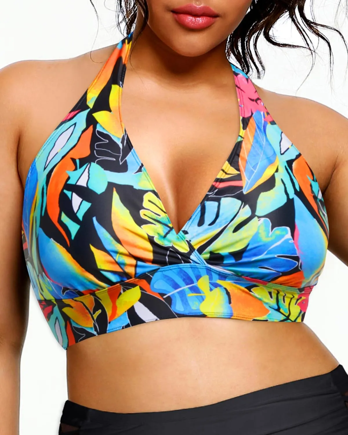Yonique Women's Plus Size Bikini Tops Only Halter Swimsuit Top Large Bust Swim Top V Neck Bathing Suit Tops