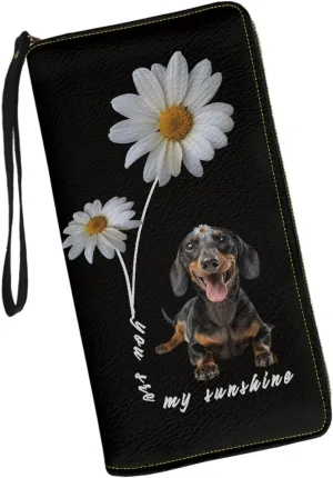 You Are My Sunshine Design Women Long Cute Wallets Sunflower Dachshund Print Multiple Card Slots Clutch Purse with Wristlet Strap Organizer