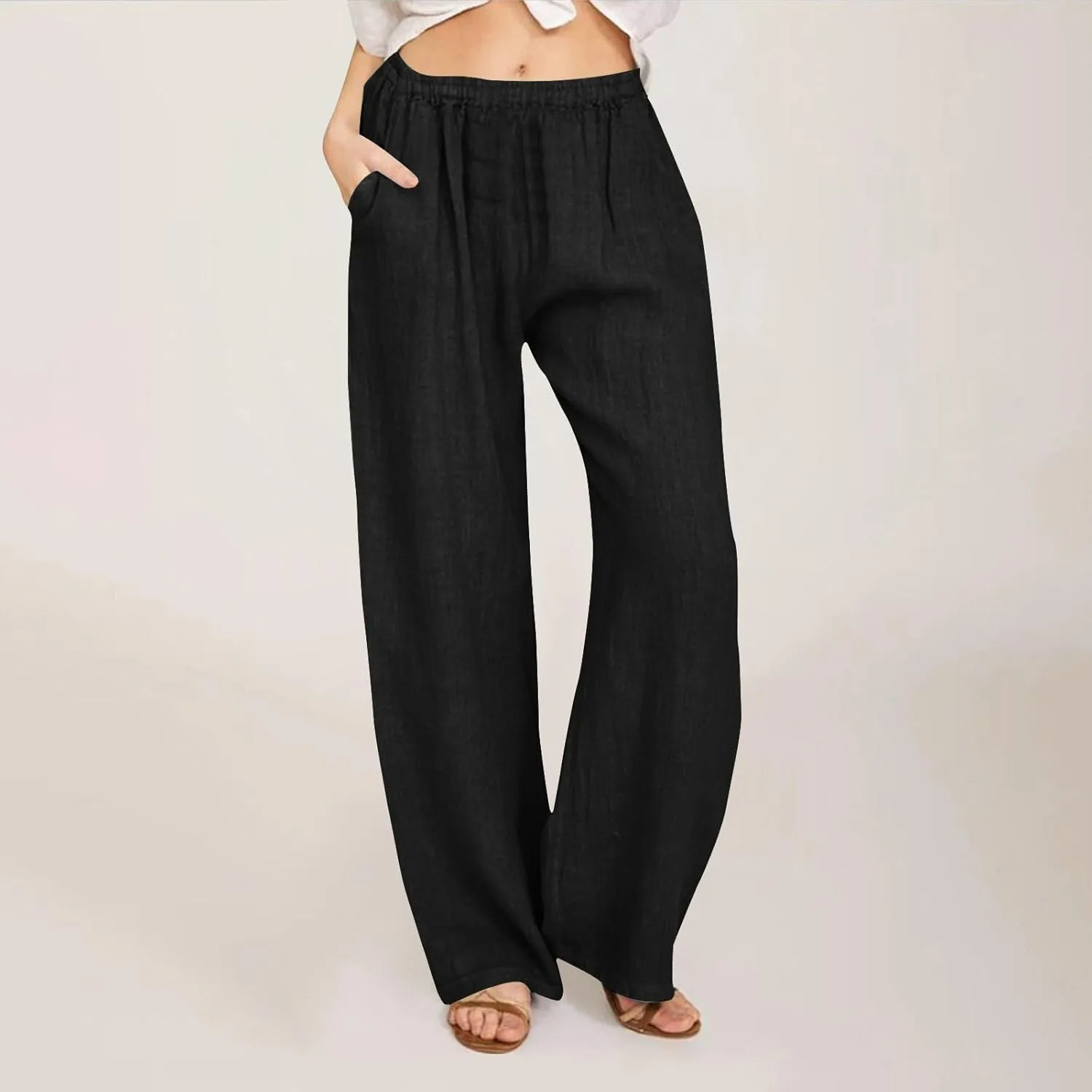 YRAETENM Cotton Linen Pants Women Summer Elastic High Waist Wide Leg Palazzo Pants Casual Loose Comfy Beach Lounge Trousers