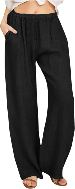 YRAETENM Cotton Linen Pants Women Summer Elastic High Waist Wide Leg Palazzo Pants Casual Loose Comfy Beach Lounge Trousers