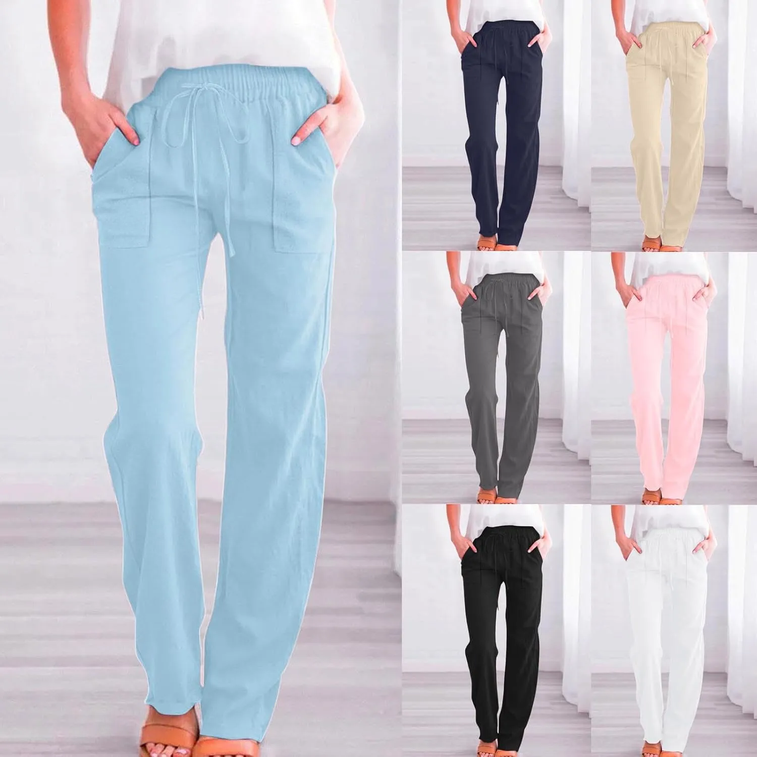YRAETENM Womens Casual Linen Pants Lightweight Drawstring Elastic Waist Beach Slacks Summer Casual Loose Comfy Long Trousers