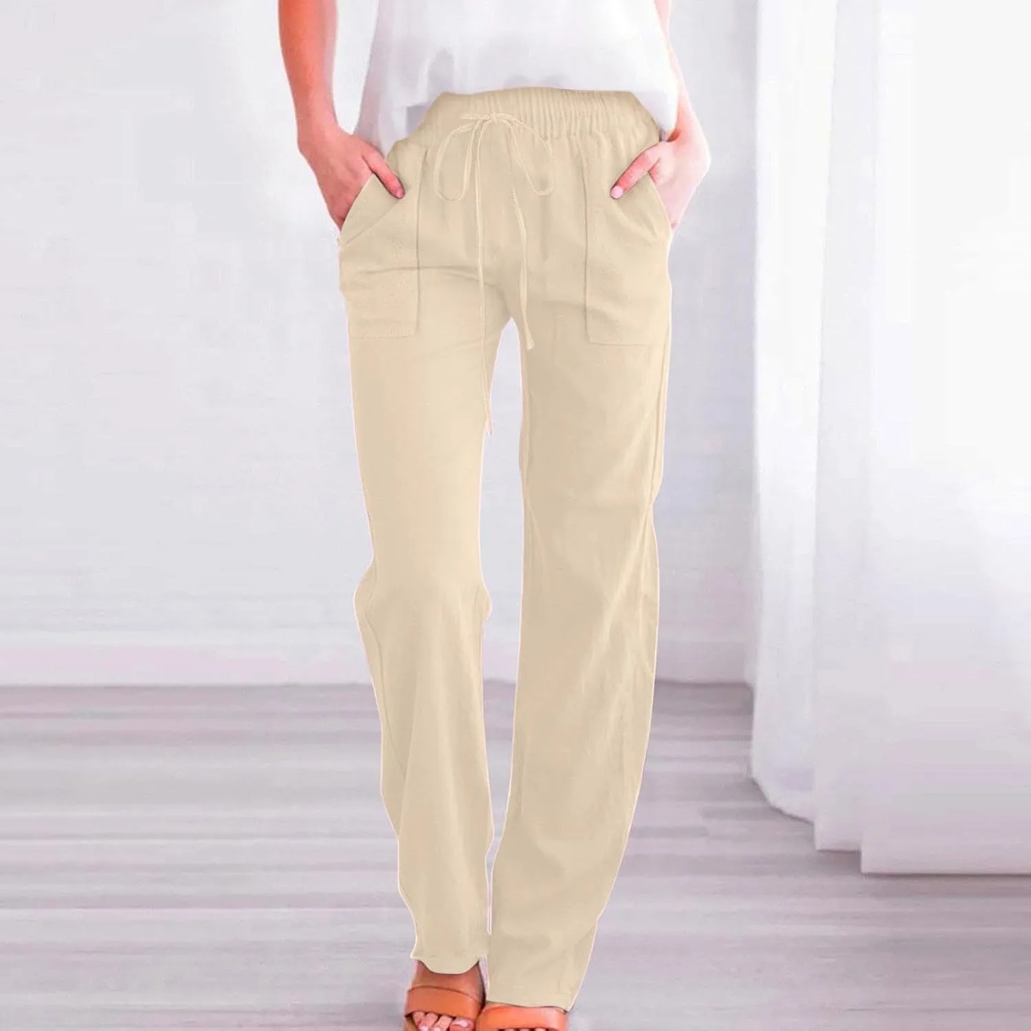 YRAETENM Womens Casual Linen Pants Lightweight Drawstring Elastic Waist Beach Slacks Summer Casual Loose Comfy Long Trousers
