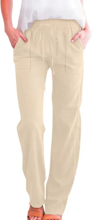 YRAETENM Womens Casual Linen Pants Lightweight Drawstring Elastic Waist Beach Slacks Summer Casual Loose Comfy Long Trousers