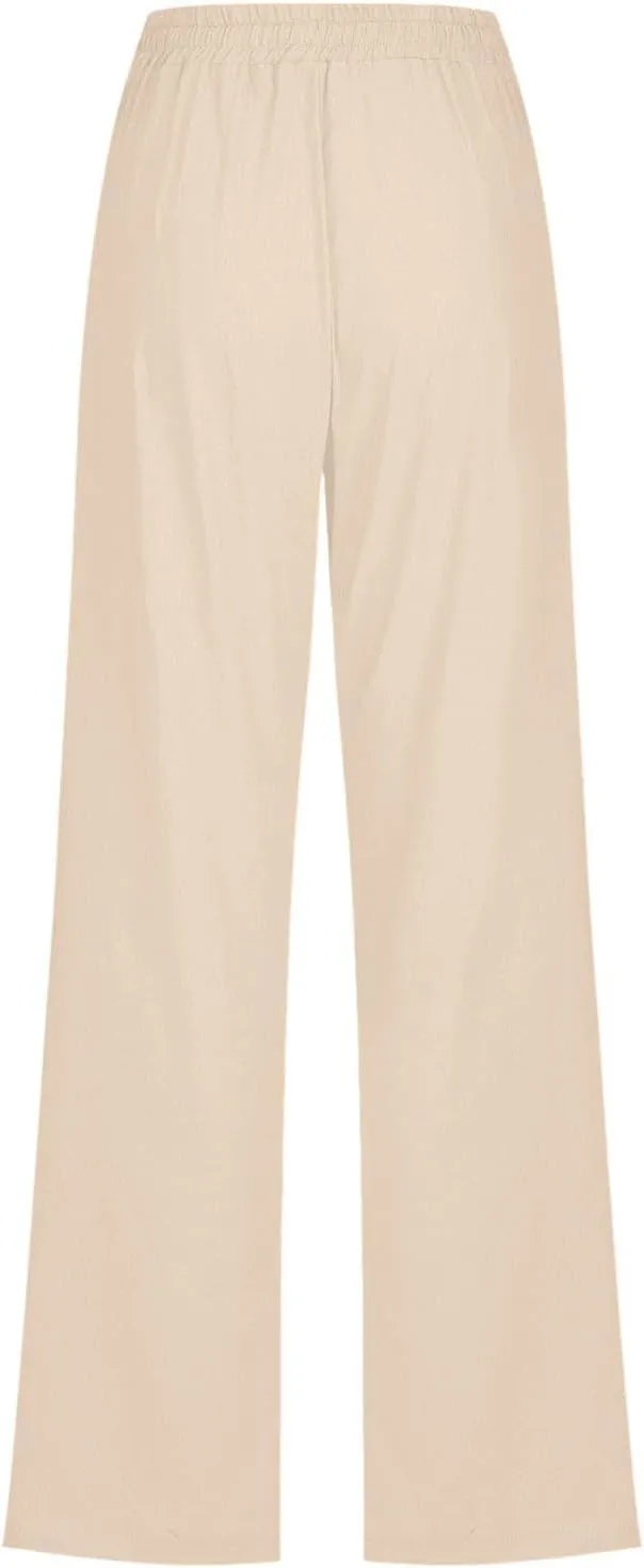 YRAETENM Womens Casual Linen Pants Lightweight Drawstring Elastic Waist Beach Slacks Summer Casual Loose Comfy Long Trousers
