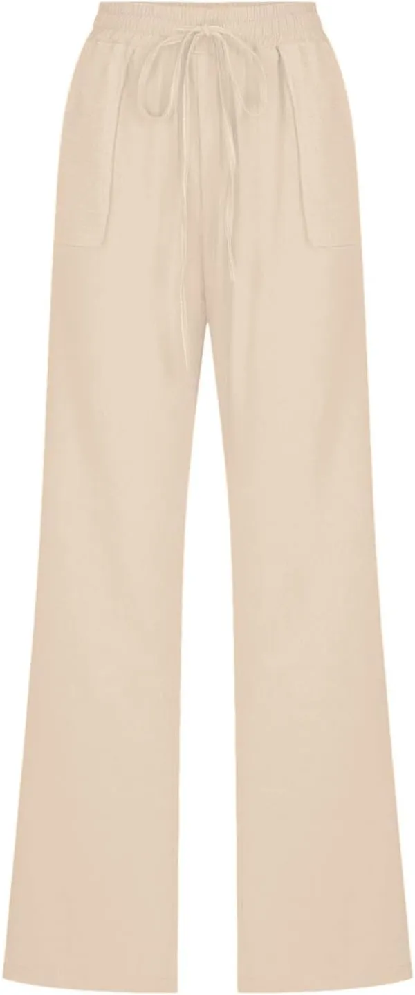 YRAETENM Womens Casual Linen Pants Lightweight Drawstring Elastic Waist Beach Slacks Summer Casual Loose Comfy Long Trousers