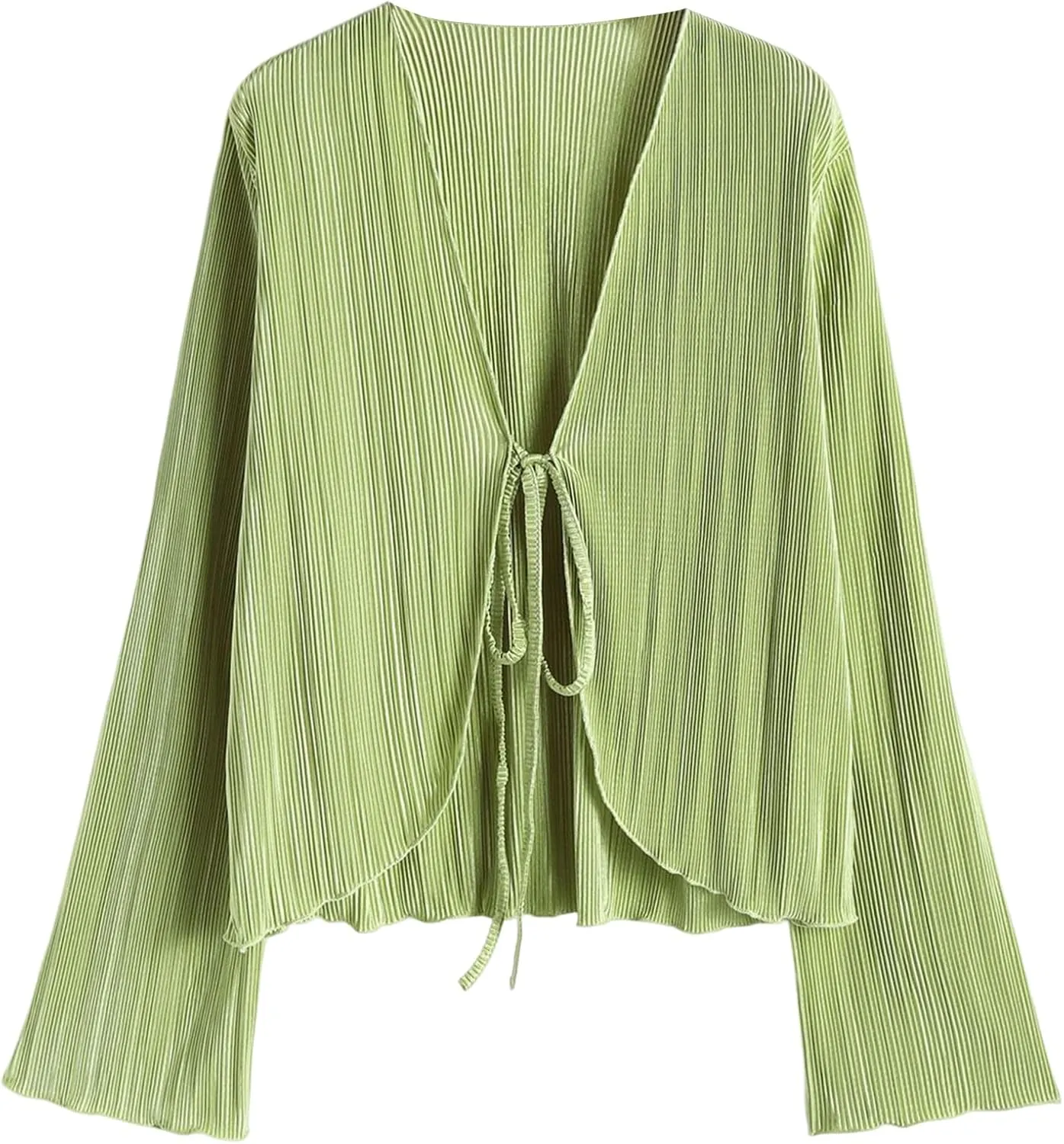 ZAFUL Women's Deep V Neck Tie Front Top Flare Sleeve Plisse Pleated Blouse Shirt Top Y2k Vintage Streetwear