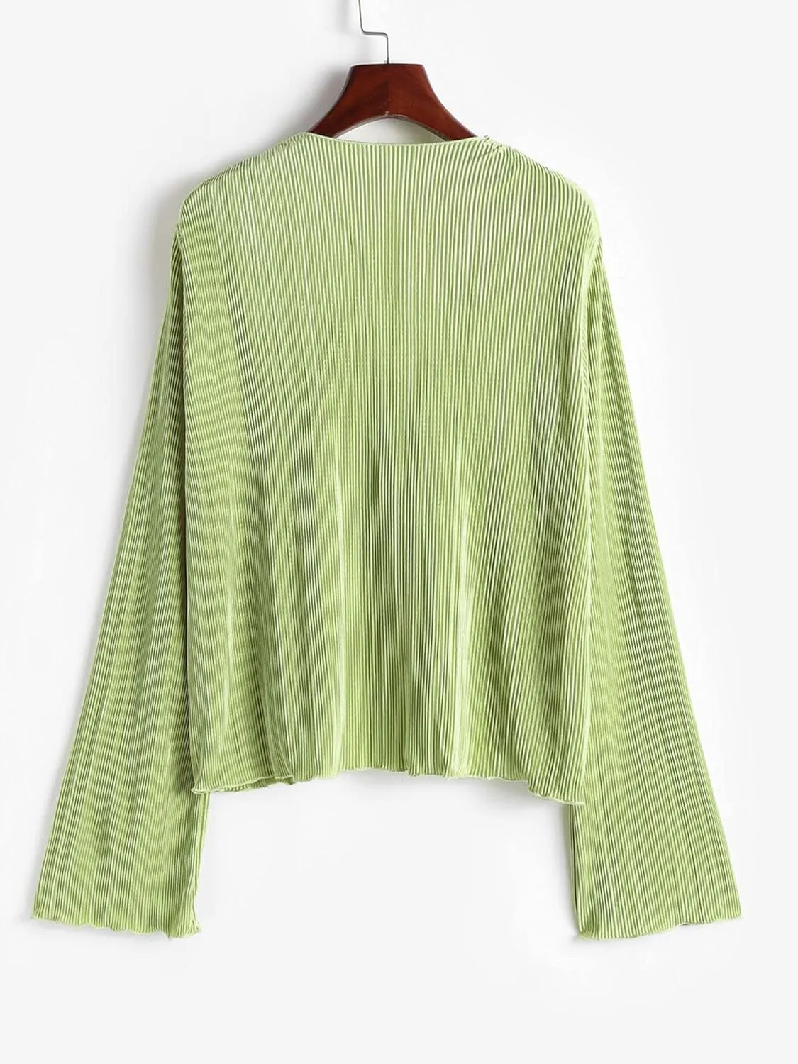 ZAFUL Women's Deep V Neck Tie Front Top Flare Sleeve Plisse Pleated Blouse Shirt Top Y2k Vintage Streetwear