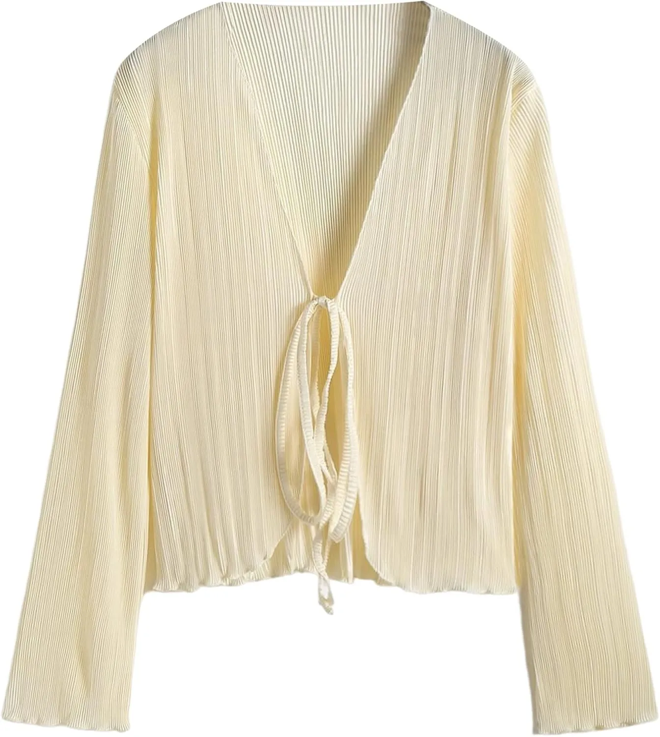ZAFUL Women's Deep V Neck Tie Front Top Flare Sleeve Plisse Pleated Blouse Shirt Top Y2k Vintage Streetwear