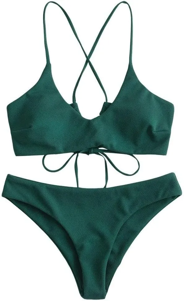 ZAFUL Women's Two-Piece Scoop Neck Bikini Crop Top Criss Cross Push Up Bikini Set Tanks Top Bathing Suit