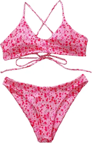 ZAFUL Women's Two-Piece Scoop Neck Bikini Crop Top Criss Cross Push Up Bikini Set Tanks Top Bathing Suit