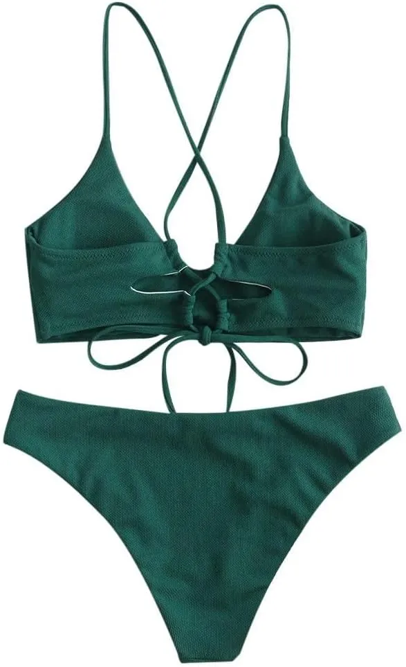 ZAFUL Women's Two-Piece Scoop Neck Bikini Crop Top Criss Cross Push Up Bikini Set Tanks Top Bathing Suit